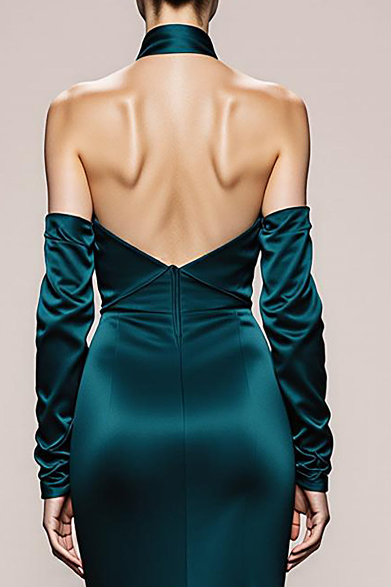 Load image into Gallery viewer, Peacock Green Satin Halter Mermaid Long Formal Dress