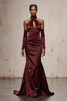 Load image into Gallery viewer, Burgundy Satin Mermaid Halter Maxi Formal Dress with Sleeves