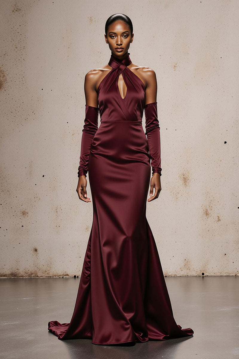 Load image into Gallery viewer, Burgundy Satin Mermaid Halter Maxi Formal Dress with Sleeves