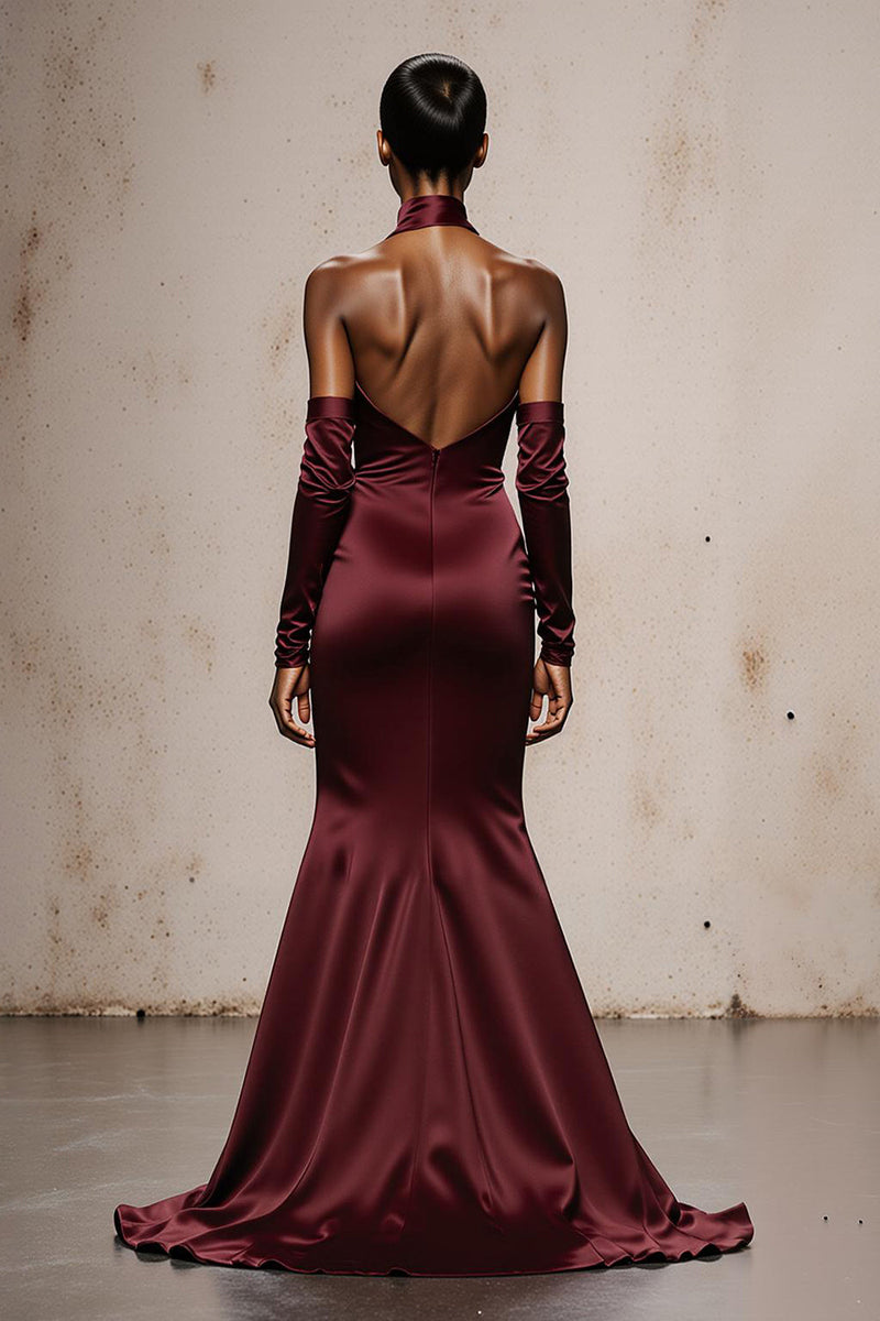 Load image into Gallery viewer, Burgundy Satin Mermaid Halter Maxi Formal Dress with Sleeves
