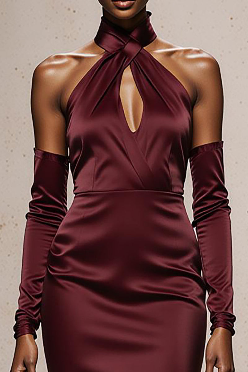 Load image into Gallery viewer, Burgundy Satin Mermaid Halter Maxi Formal Dress with Sleeves