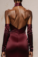 Load image into Gallery viewer, Burgundy Satin Mermaid Halter Maxi Formal Dress with Sleeves