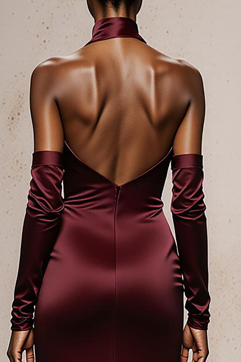 Load image into Gallery viewer, Burgundy Satin Mermaid Halter Maxi Formal Dress with Sleeves