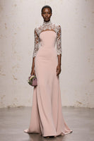 Load image into Gallery viewer, Simple Light Pink High Neck Maxi Lace Formal Dress