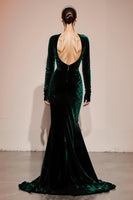 Load image into Gallery viewer, Dark Green Mermaid Velvet Long Sleeves Formal Dress with Slit