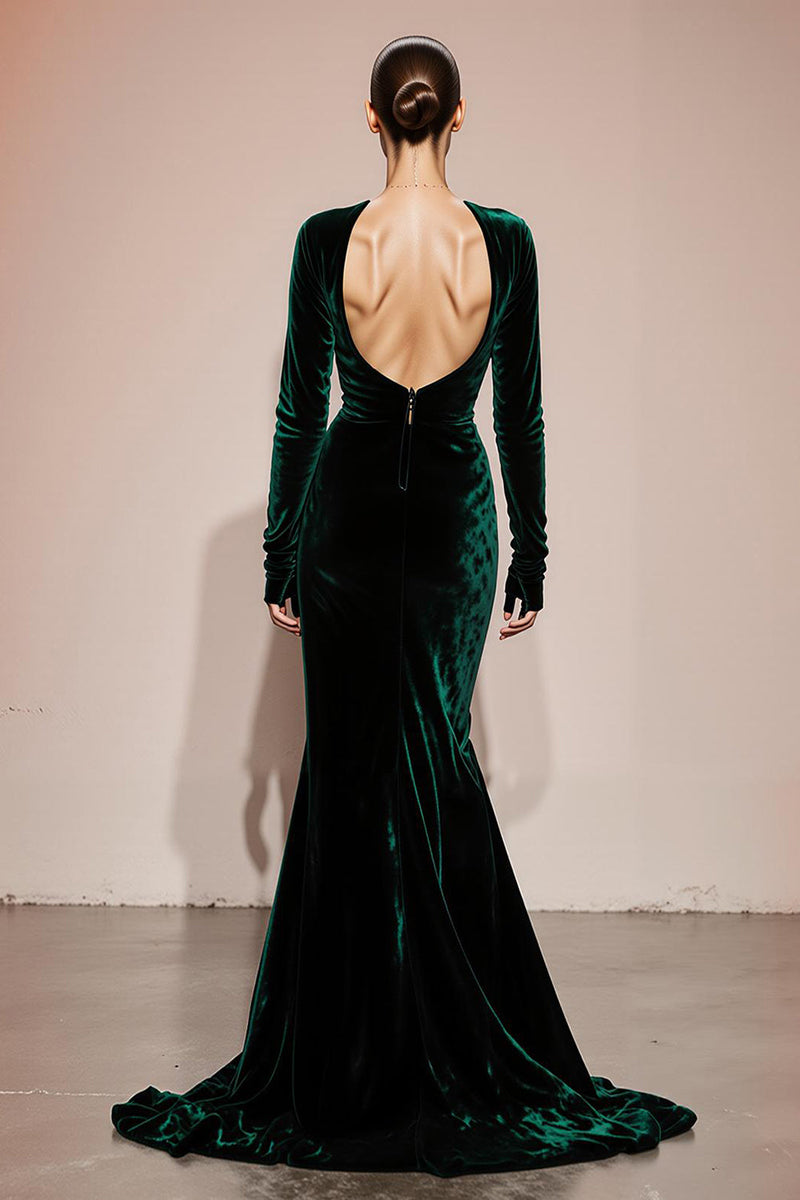 Load image into Gallery viewer, Dark Green Mermaid Velvet Long Sleeves Formal Dress with Slit