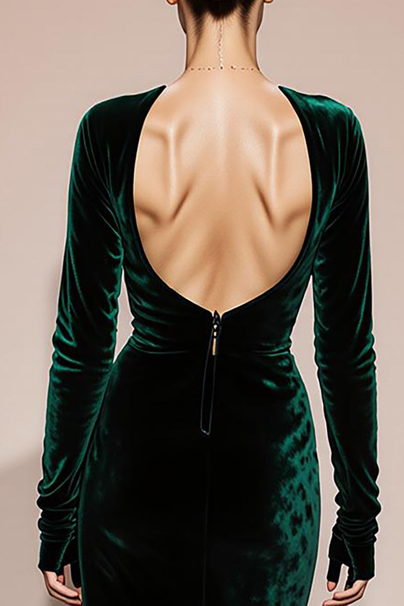Load image into Gallery viewer, Dark Green Mermaid Velvet Long Sleeves Formal Dress with Slit