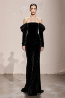 Load image into Gallery viewer, Black Mermaid Off the Shoulder Velvet Long Formal Dress with Sleeves