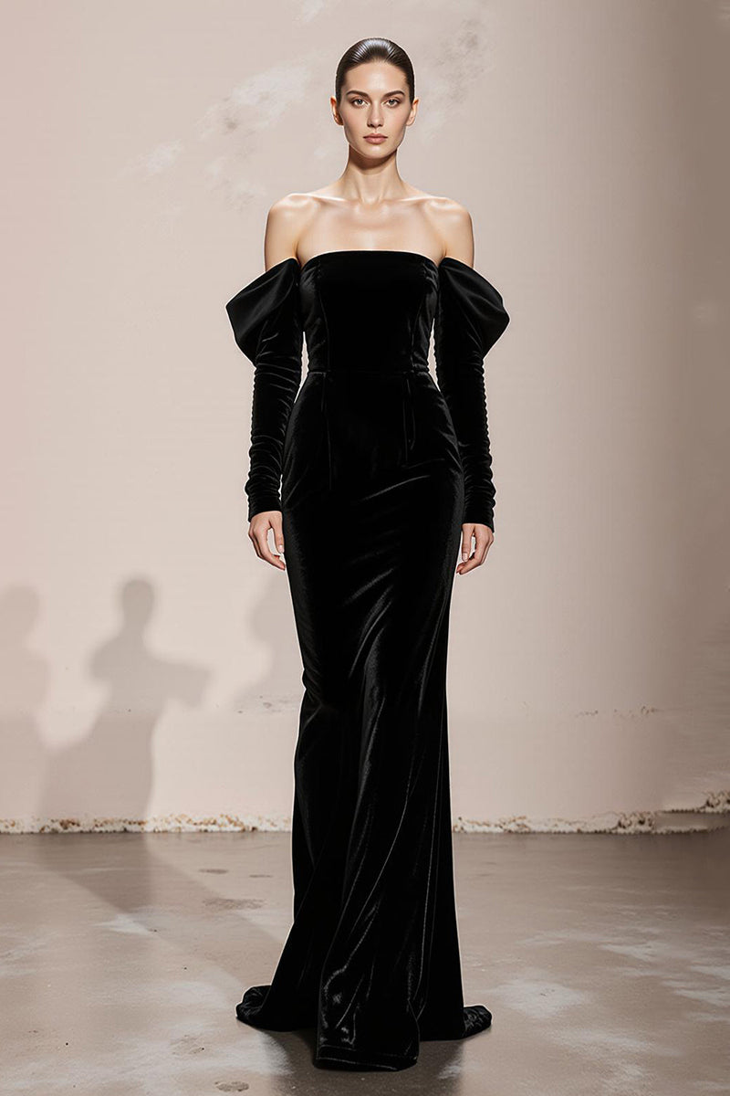 Load image into Gallery viewer, Black Mermaid Off the Shoulder Velvet Long Formal Dress with Sleeves