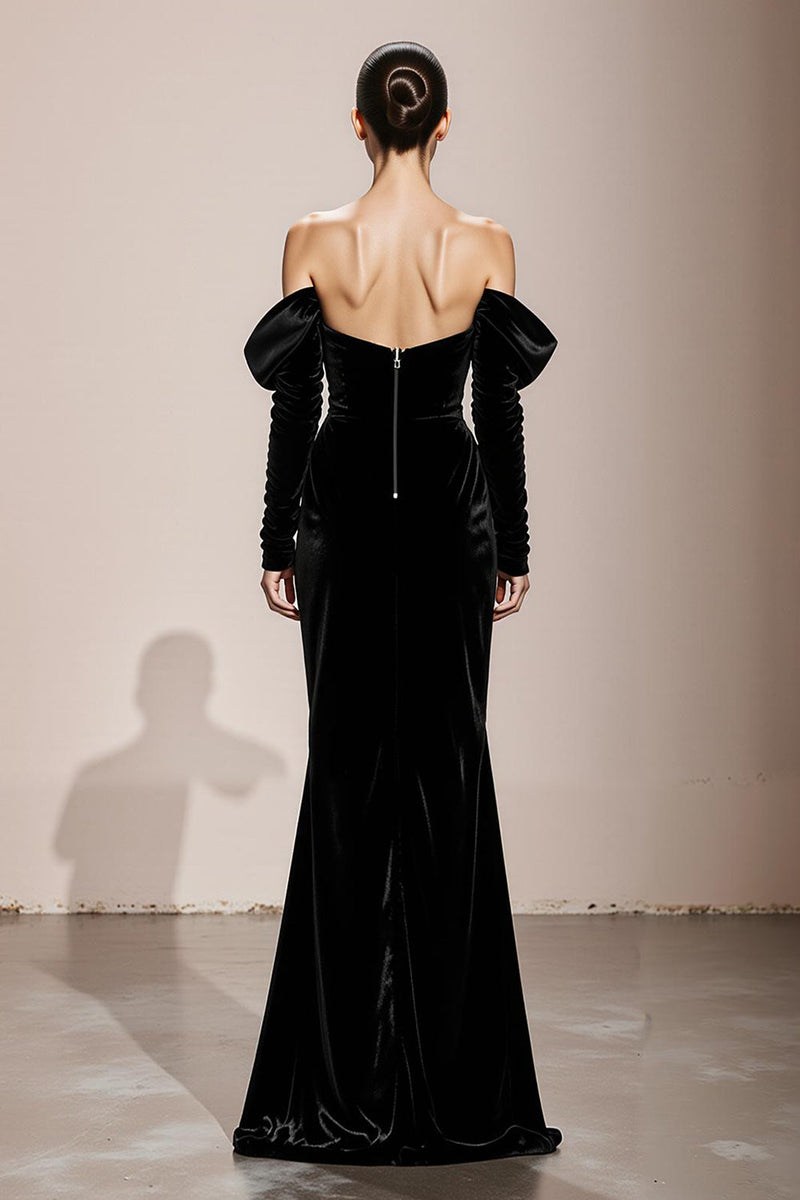 Load image into Gallery viewer, Black Mermaid Off the Shoulder Velvet Long Formal Dress with Sleeves