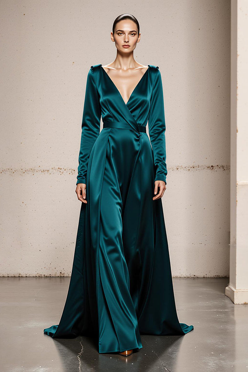 Load image into Gallery viewer, Peacock Green Satin V-Neck A Line Long Formal Dress with Sleeves