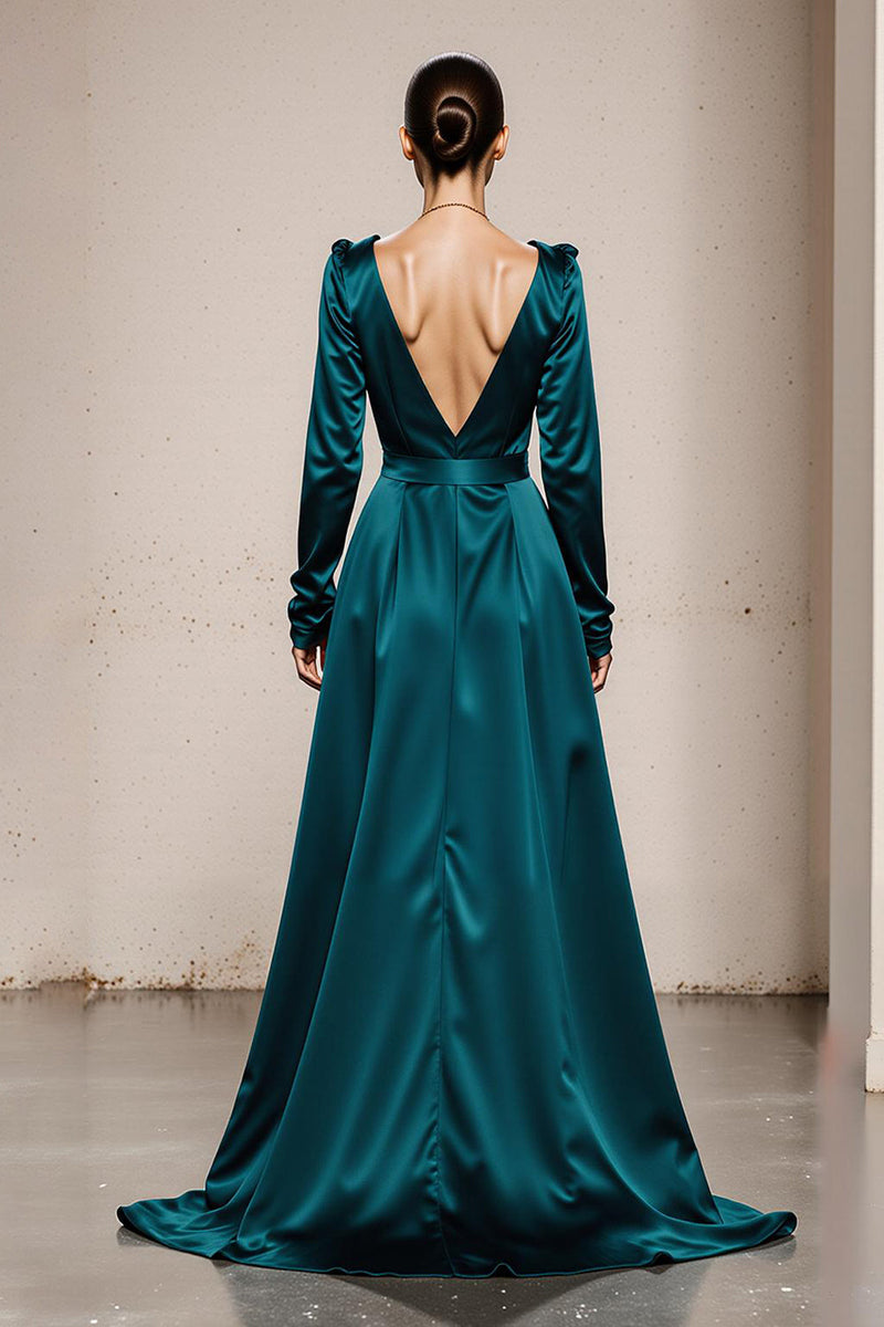 Load image into Gallery viewer, Peacock Green Satin V-Neck A Line Long Formal Dress with Sleeves