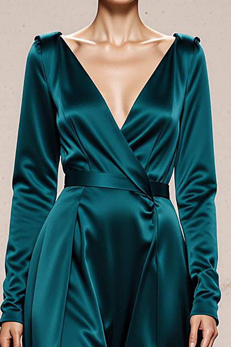 Load image into Gallery viewer, Peacock Green Satin V-Neck A Line Long Formal Dress with Sleeves