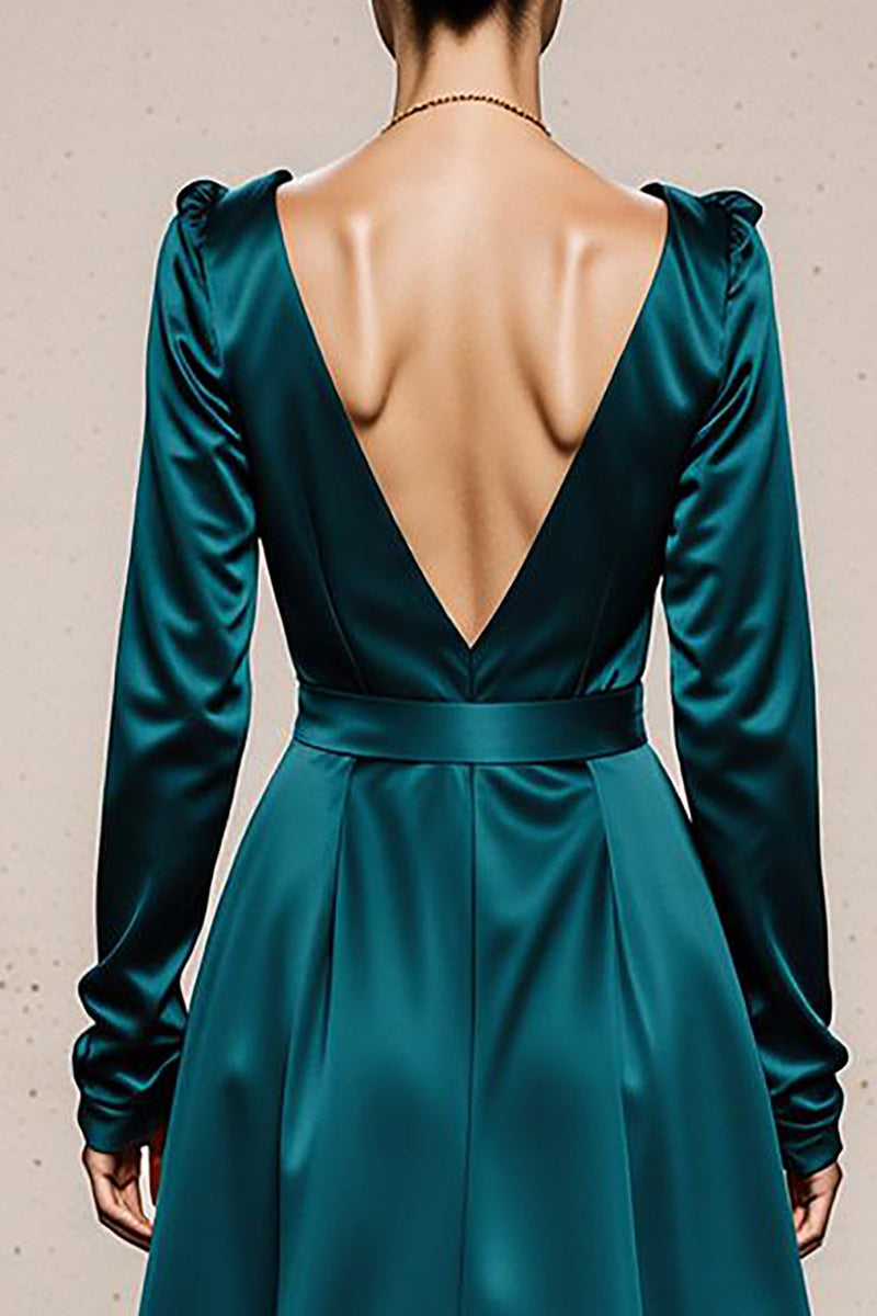 Load image into Gallery viewer, Peacock Green Satin V-Neck A Line Long Formal Dress with Sleeves