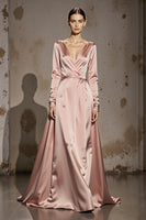 Load image into Gallery viewer, Light Pink A Line V-Neck Satin Long Formal Dress with Sleeves