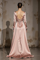 Load image into Gallery viewer, Light Pink A Line V-Neck Satin Long Formal Dress with Sleeves