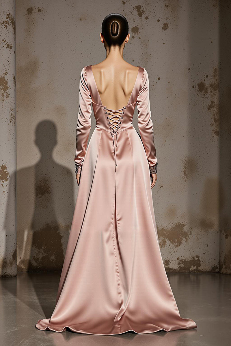 Load image into Gallery viewer, Light Pink A Line V-Neck Satin Long Formal Dress with Sleeves