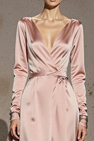 Load image into Gallery viewer, Light Pink A Line V-Neck Satin Long Formal Dress with Sleeves