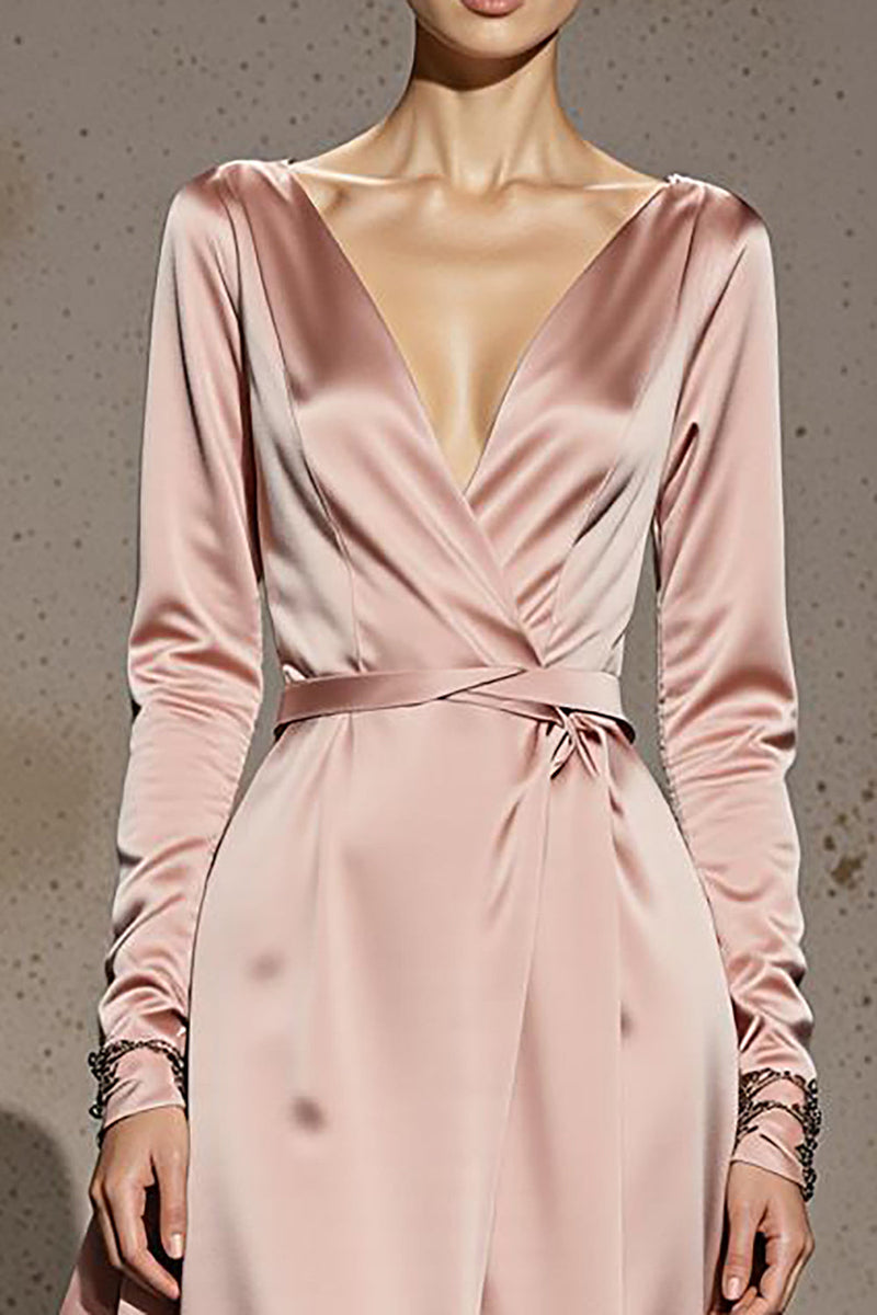 Load image into Gallery viewer, Light Pink A Line V-Neck Satin Long Formal Dress with Sleeves