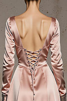 Load image into Gallery viewer, Light Pink A Line V-Neck Satin Long Formal Dress with Sleeves
