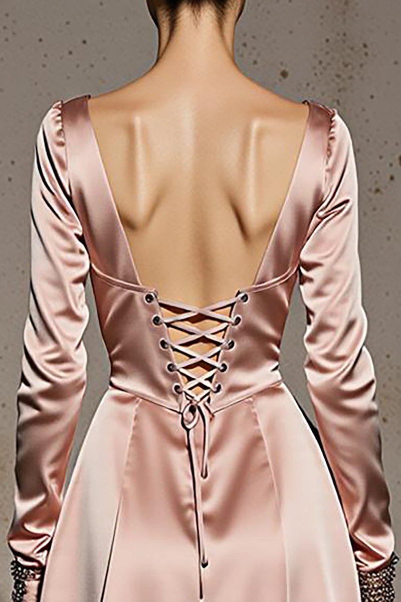 Load image into Gallery viewer, Light Pink A Line V-Neck Satin Long Formal Dress with Sleeves