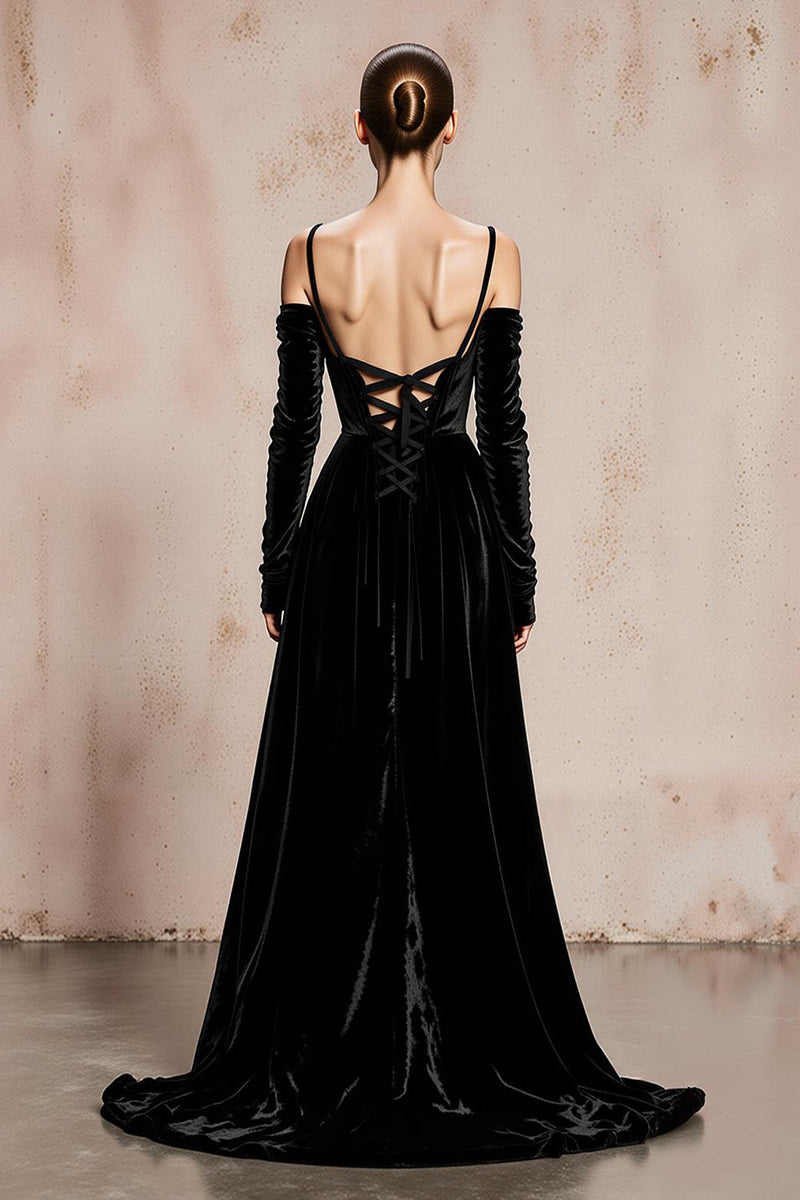 Load image into Gallery viewer, Black Velvet Cold Shoulder Long Formal Dress with Sleeves