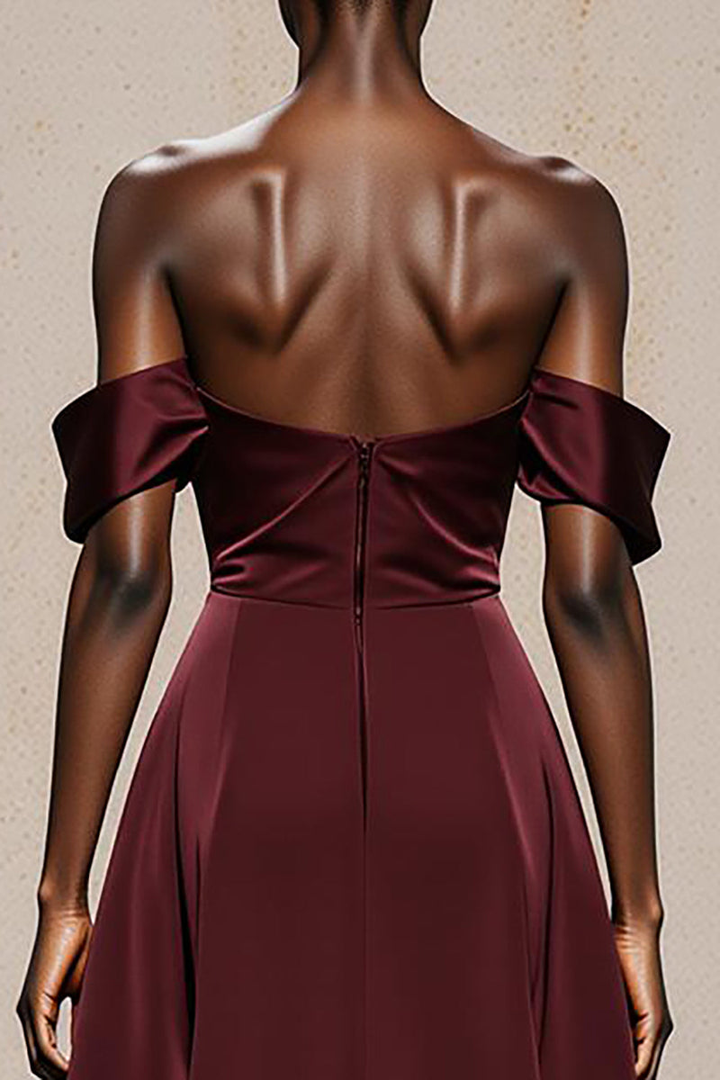 Load image into Gallery viewer, Burgundy Satin Off the Shoulder A Line Long Formal Dress