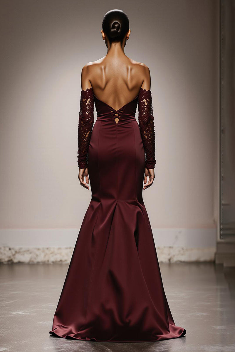 Load image into Gallery viewer, Burgundy Satin Off the Shoulder Mermaid Long Formal Dress with Lace