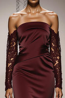 Load image into Gallery viewer, Burgundy Satin Off the Shoulder Mermaid Long Formal Dress with Lace