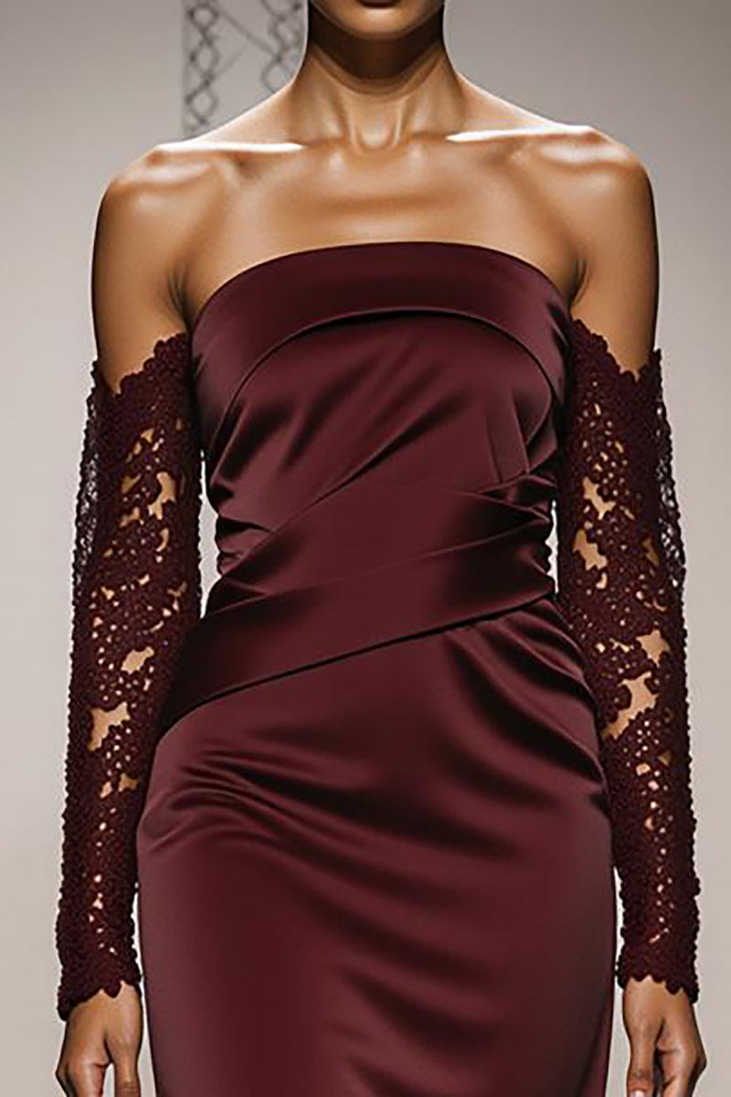 Load image into Gallery viewer, Burgundy Satin Off the Shoulder Mermaid Long Formal Dress with Lace