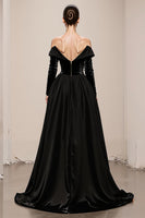 Load image into Gallery viewer, Black A Line Off the Shoulder Velvet Maxi Holiday Party Dress with Slit