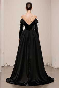 Black A Line Off the Shoulder Velvet Maxi Holiday Party Dress with Slit