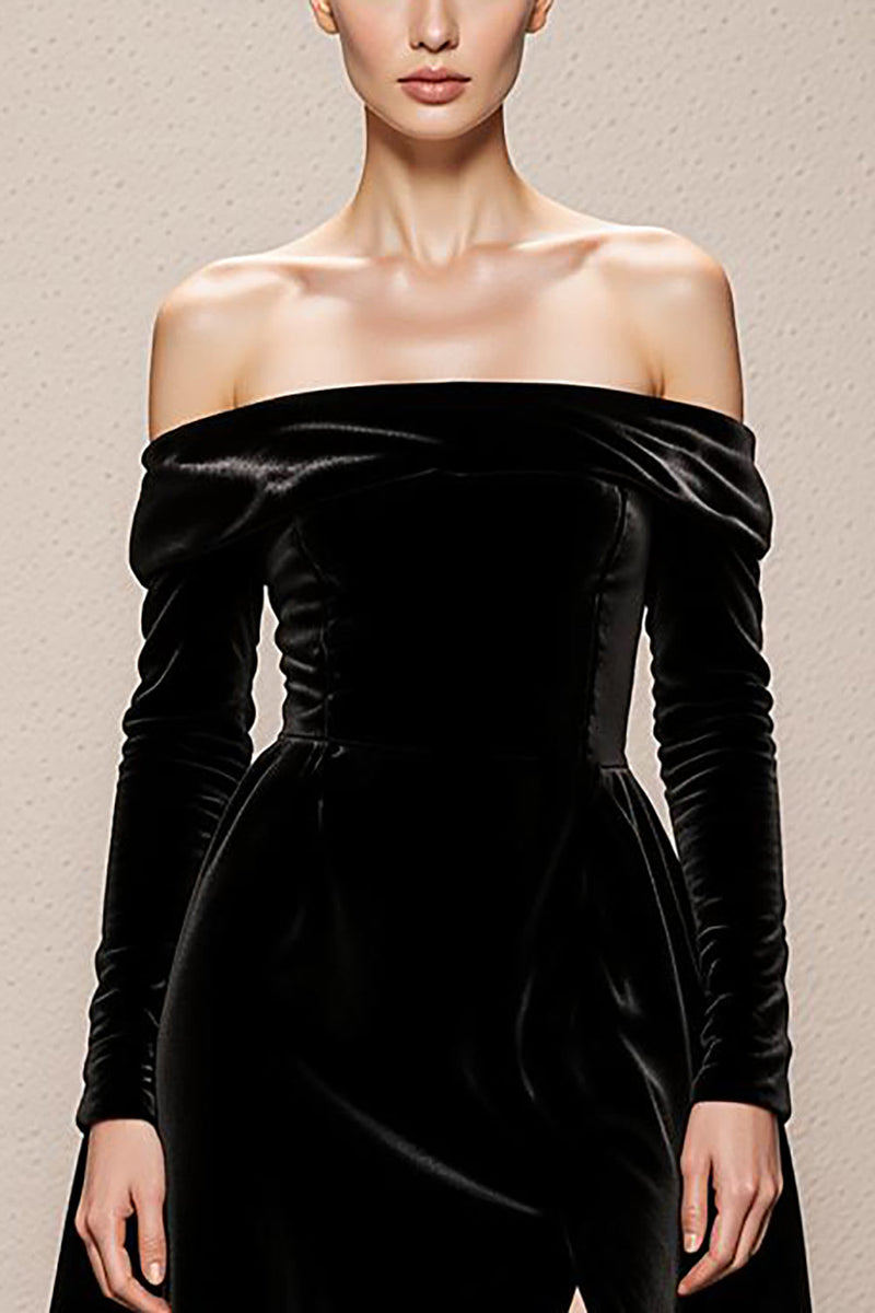 Load image into Gallery viewer, Black A Line Off the Shoulder Velvet Maxi Holiday Party Dress with Slit