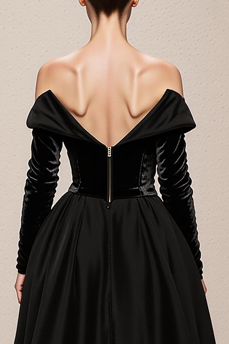 Load image into Gallery viewer, Black A Line Off the Shoulder Velvet Maxi Holiday Party Dress with Slit