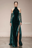 Load image into Gallery viewer, Dark Green Halter Velvet Maxi Holiday Party Dress with Slit