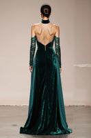Load image into Gallery viewer, Dark Green Halter Velvet Maxi Holiday Party Dress with Slit