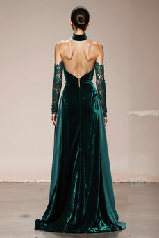 Dark Green Halter Velvet Maxi Holiday Party Dress with Slit