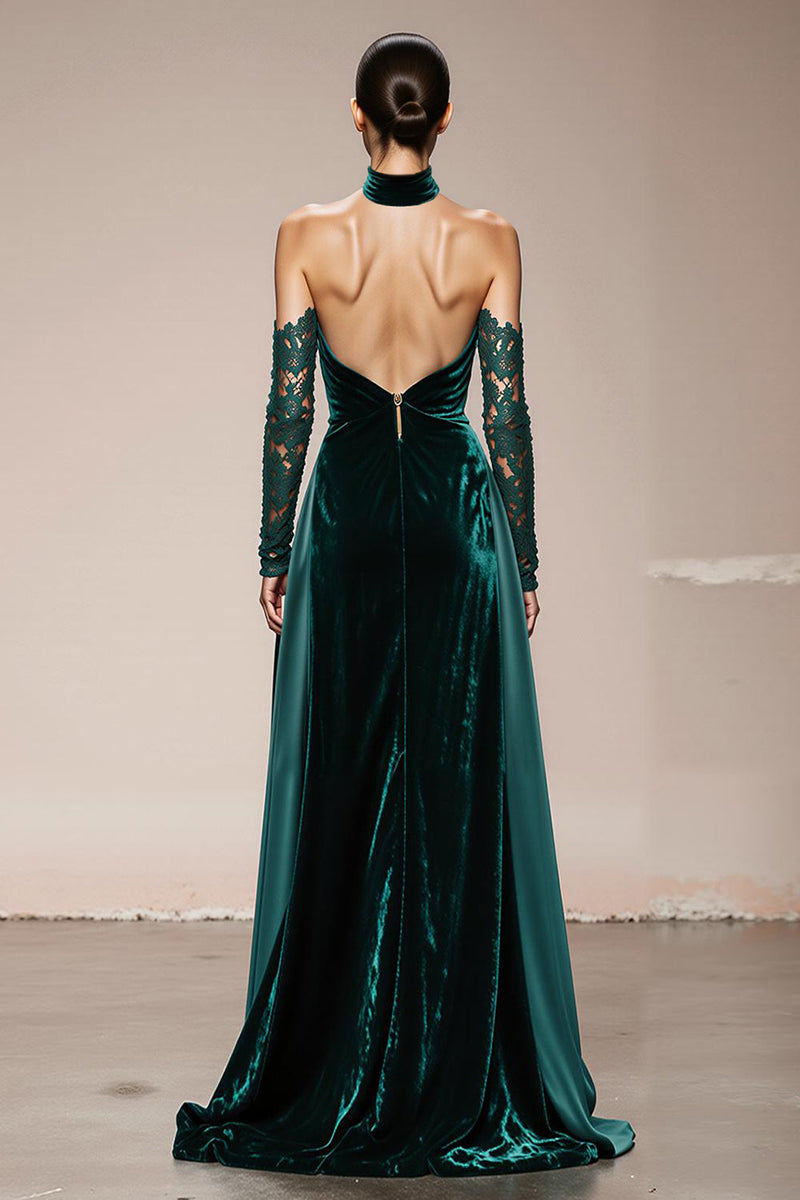 Load image into Gallery viewer, Dark Green Halter Velvet Maxi Holiday Party Dress with Slit