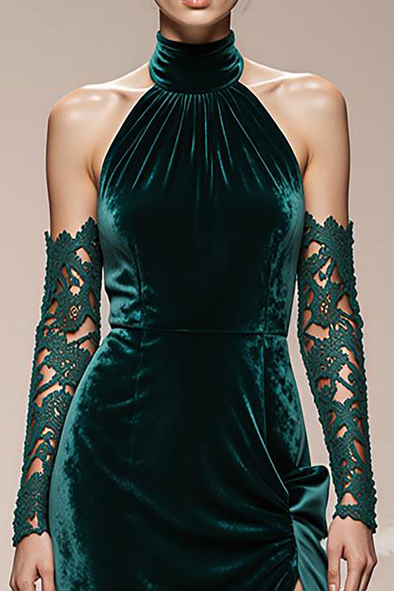 Load image into Gallery viewer, Dark Green Halter Velvet Maxi Holiday Party Dress with Slit