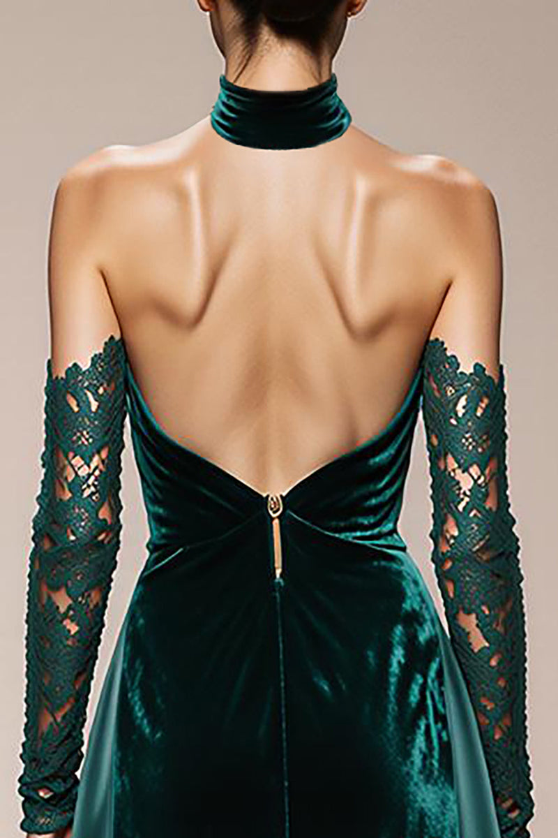 Load image into Gallery viewer, Dark Green Halter Velvet Maxi Holiday Party Dress with Slit