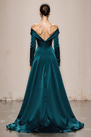 Load image into Gallery viewer, Peacock Green Satin Off the Shoulder Mermaid Long Sleeves Formal Dress