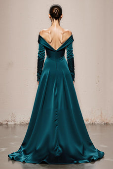 Peacock Green Satin Off the Shoulder Mermaid Long Sleeves Formal Dress
