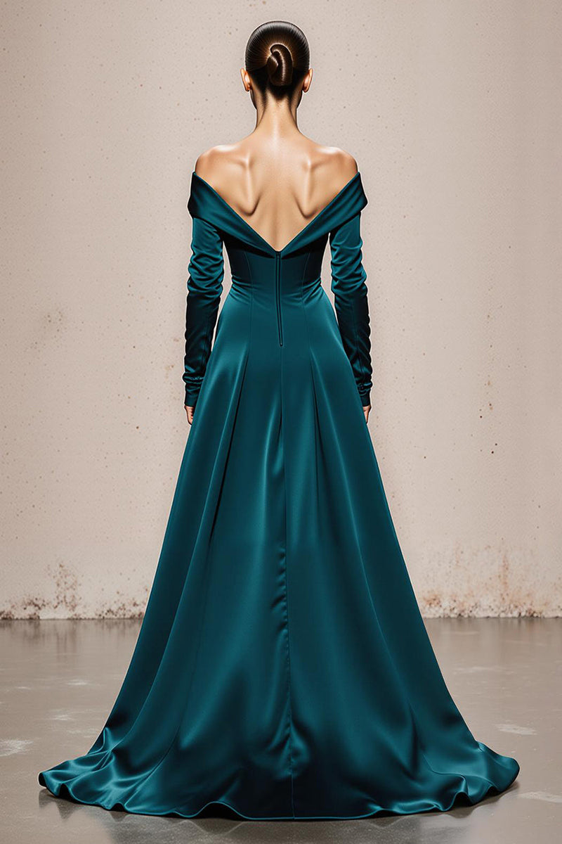 Load image into Gallery viewer, Peacock Green Satin Off the Shoulder Mermaid Long Sleeves Formal Dress