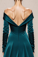 Load image into Gallery viewer, Peacock Green Satin Off the Shoulder Mermaid Long Sleeves Formal Dress