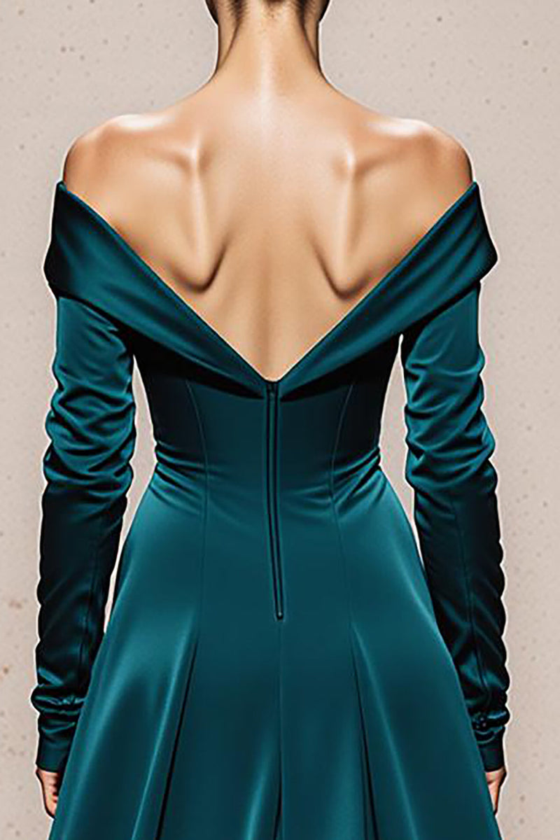 Load image into Gallery viewer, Peacock Green Satin Off the Shoulder Mermaid Long Sleeves Formal Dress