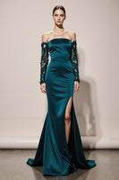 Load image into Gallery viewer, Peacock Green Mermaid Off the Shoulder Satin Maxi Formal Dress with Lace