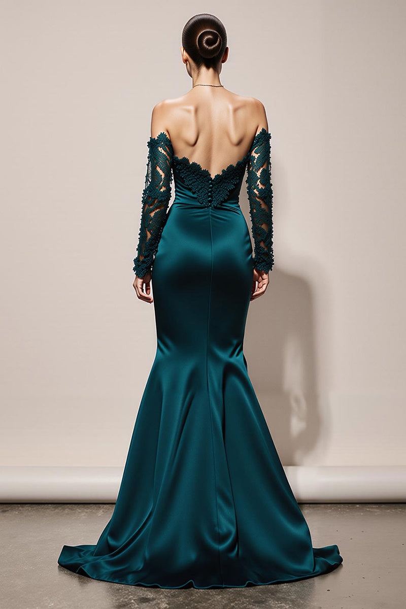 Load image into Gallery viewer, Peacock Green Mermaid Off the Shoulder Satin Maxi Formal Dress with Lace