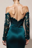 Load image into Gallery viewer, Peacock Green Mermaid Off the Shoulder Satin Maxi Formal Dress with Lace