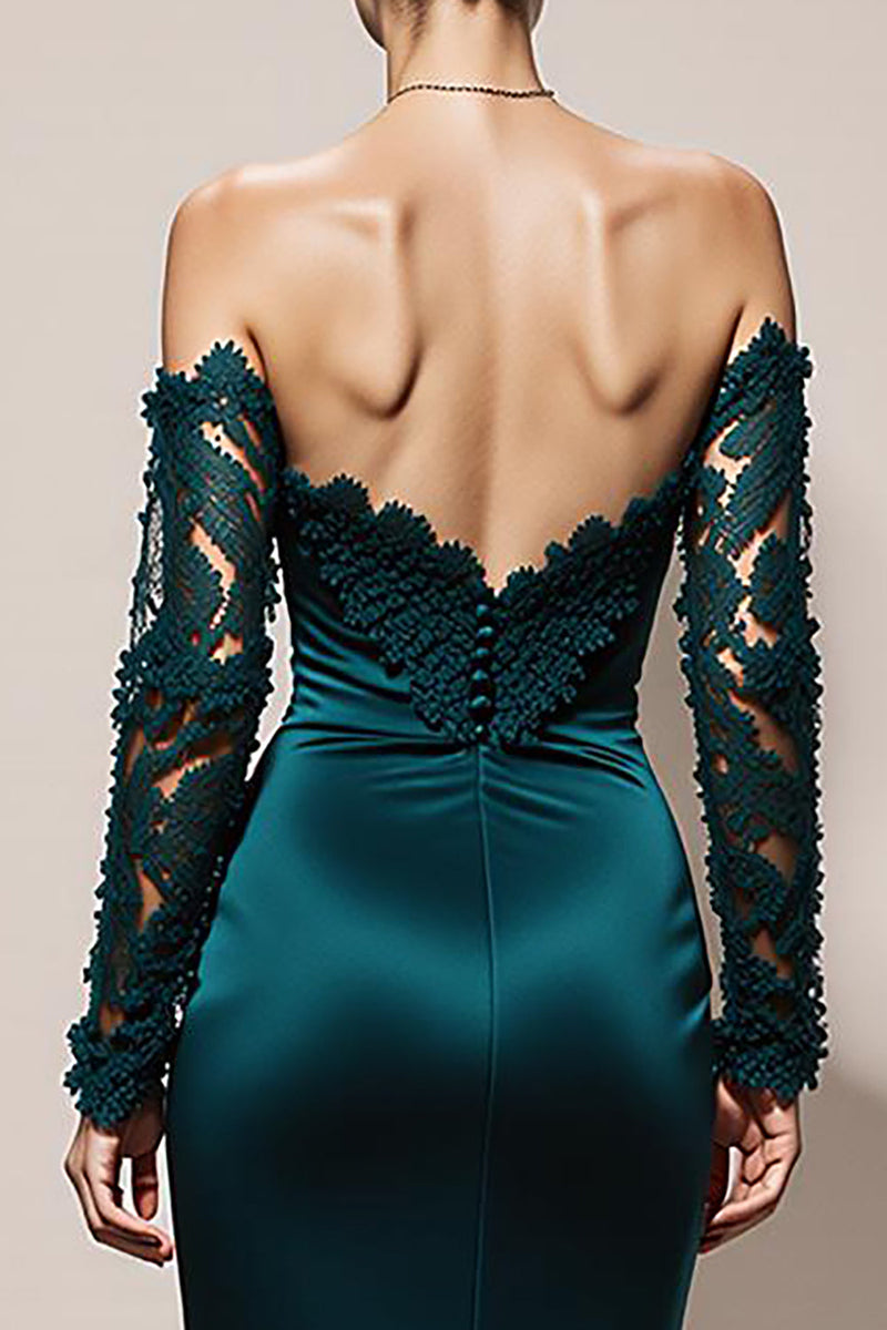Load image into Gallery viewer, Peacock Green Mermaid Off the Shoulder Satin Maxi Formal Dress with Lace