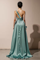 Load image into Gallery viewer, Mint Green Satin One Shoulder Sheath Long Formal Dress with Slit